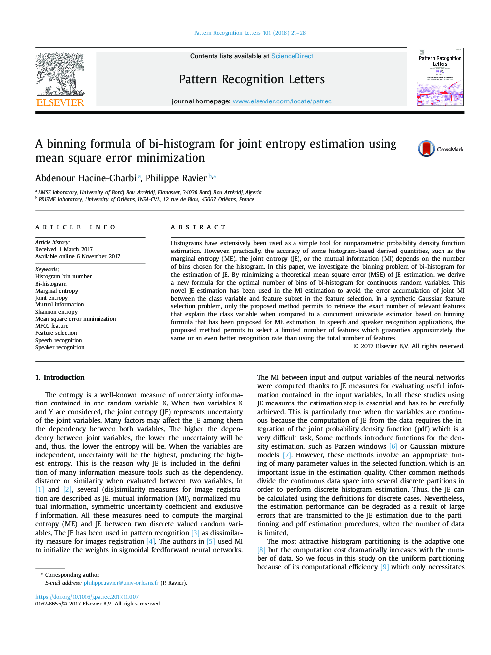 A binning formula of bi-histogram for joint entropy estimation using mean square error minimization