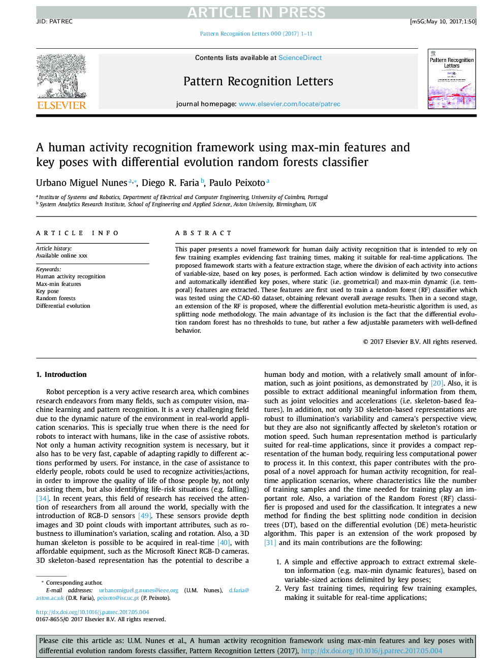 A human activity recognition framework using max-min features and key poses with differential evolution random forests classifier