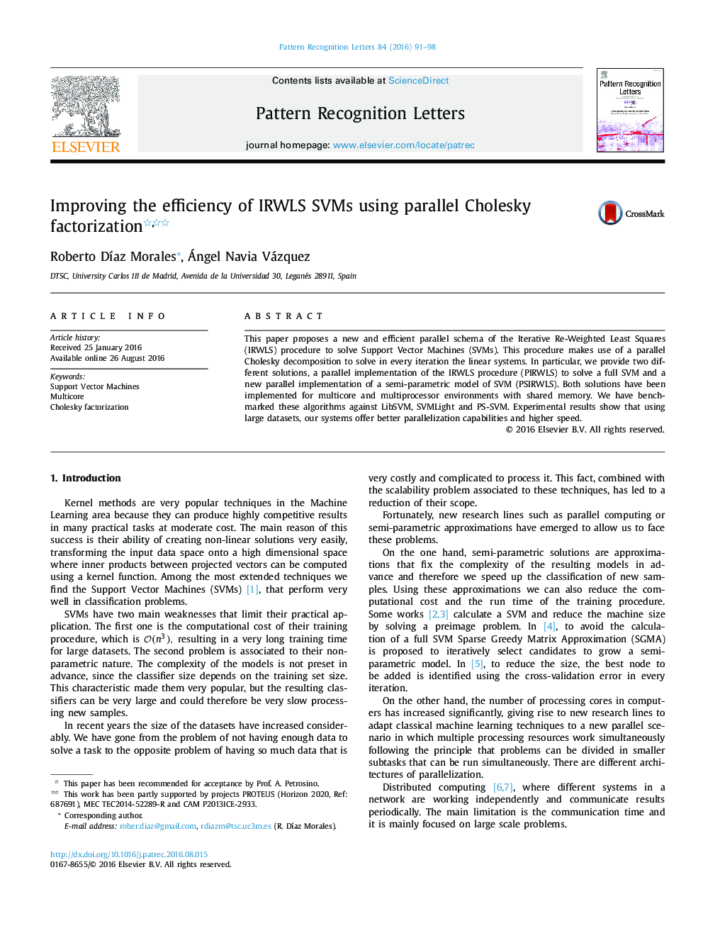 Improving the efficiency of IRWLS SVMs using parallel Cholesky factorization