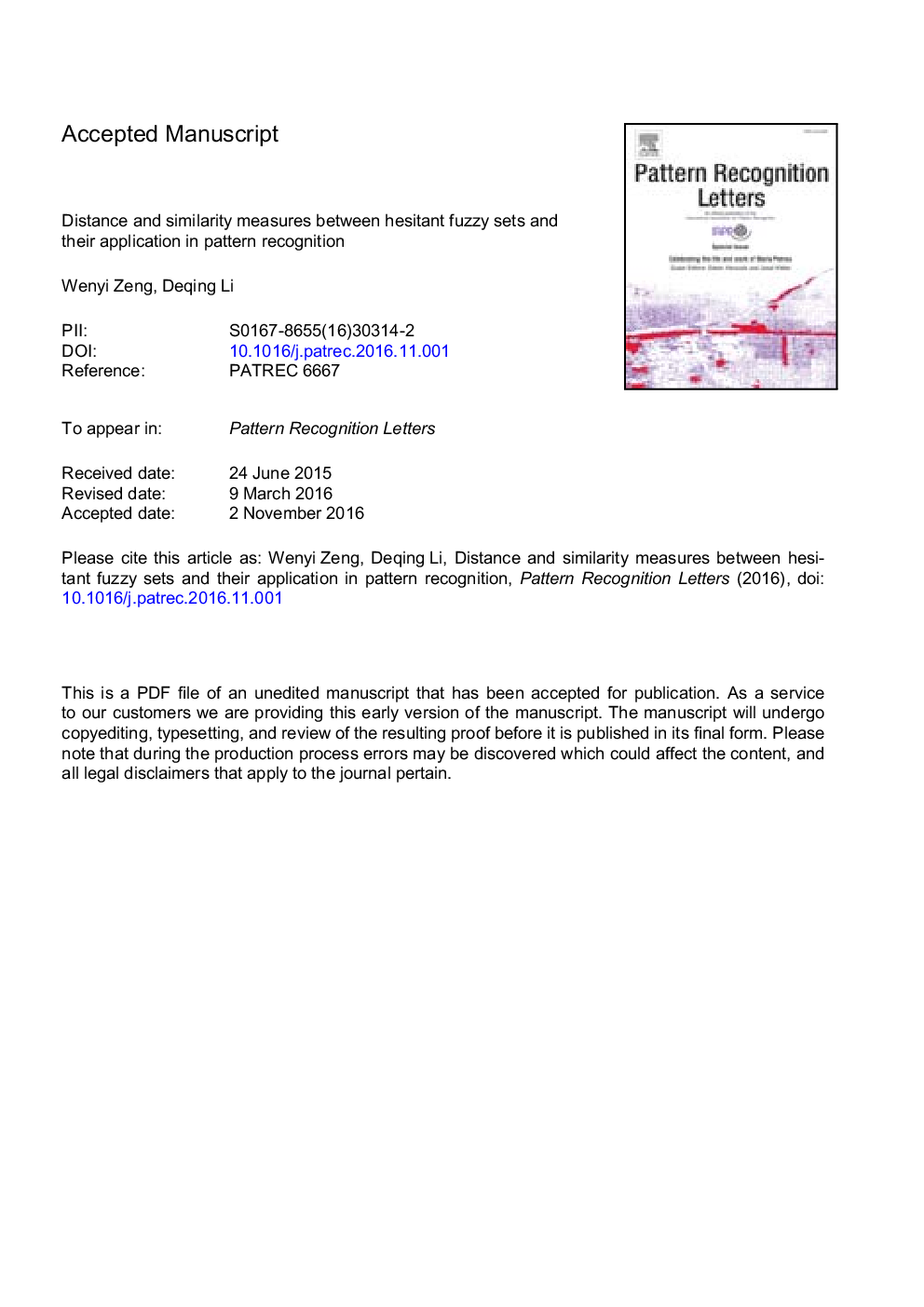 Distance and similarity measures between hesitant fuzzy sets and their application in pattern recognition