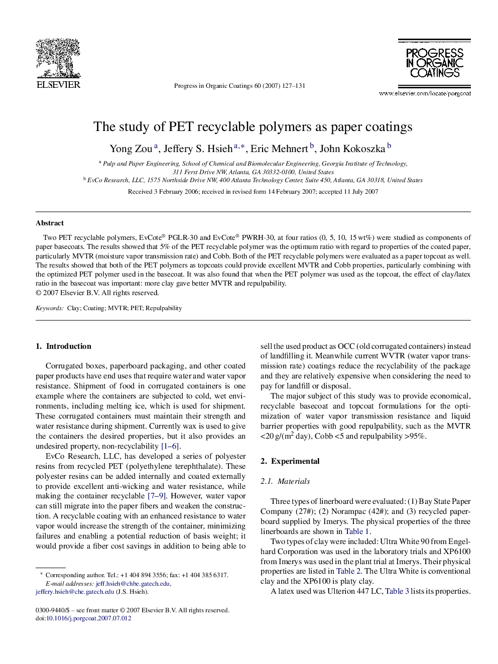 The study of PET recyclable polymers as paper coatings