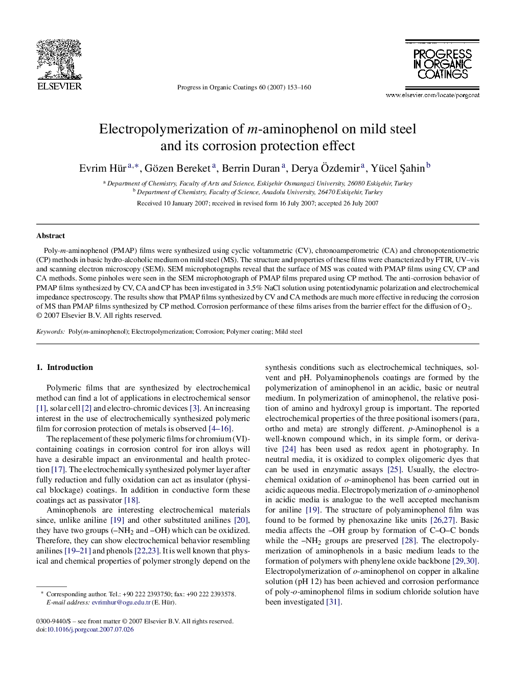 Electropolymerization of m-aminophenol on mild steel and its corrosion protection effect