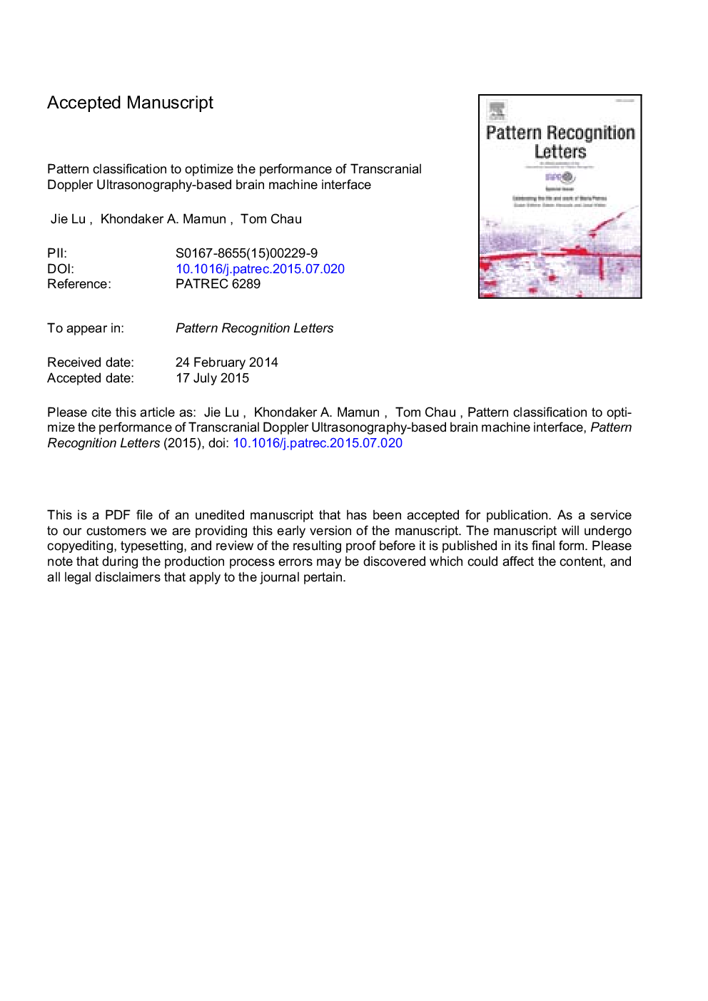 Pattern classification to optimize the performance of Transcranial Doppler Ultrasonography-based brain machine interface