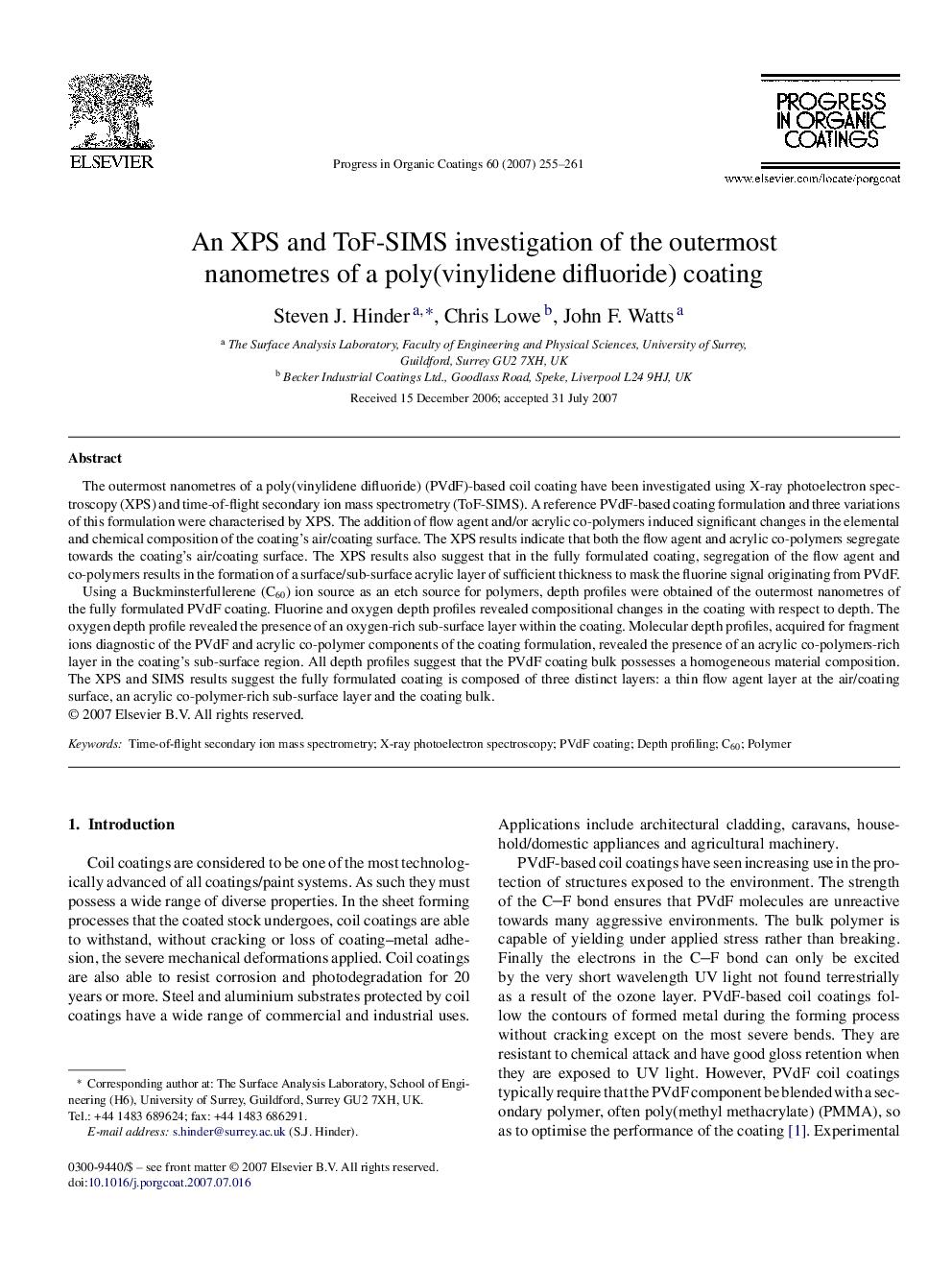 An XPS and ToF-SIMS investigation of the outermost nanometres of a poly(vinylidene difluoride) coating