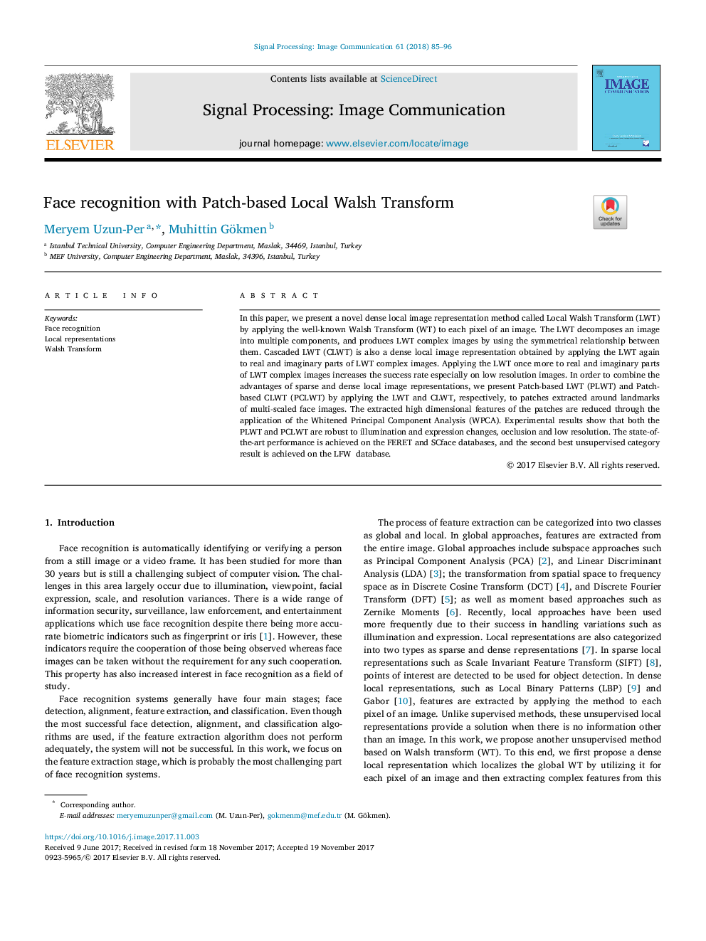 Face recognition with Patch-based Local Walsh Transform