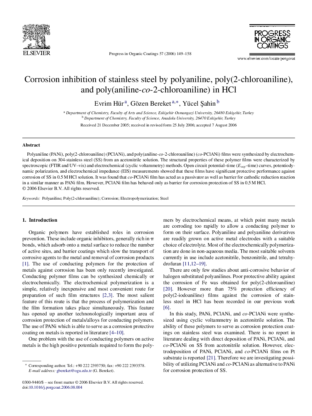 Corrosion inhibition of stainless steel by polyaniline, poly(2-chloroaniline), and poly(aniline-co-2-chloroaniline) in HCl