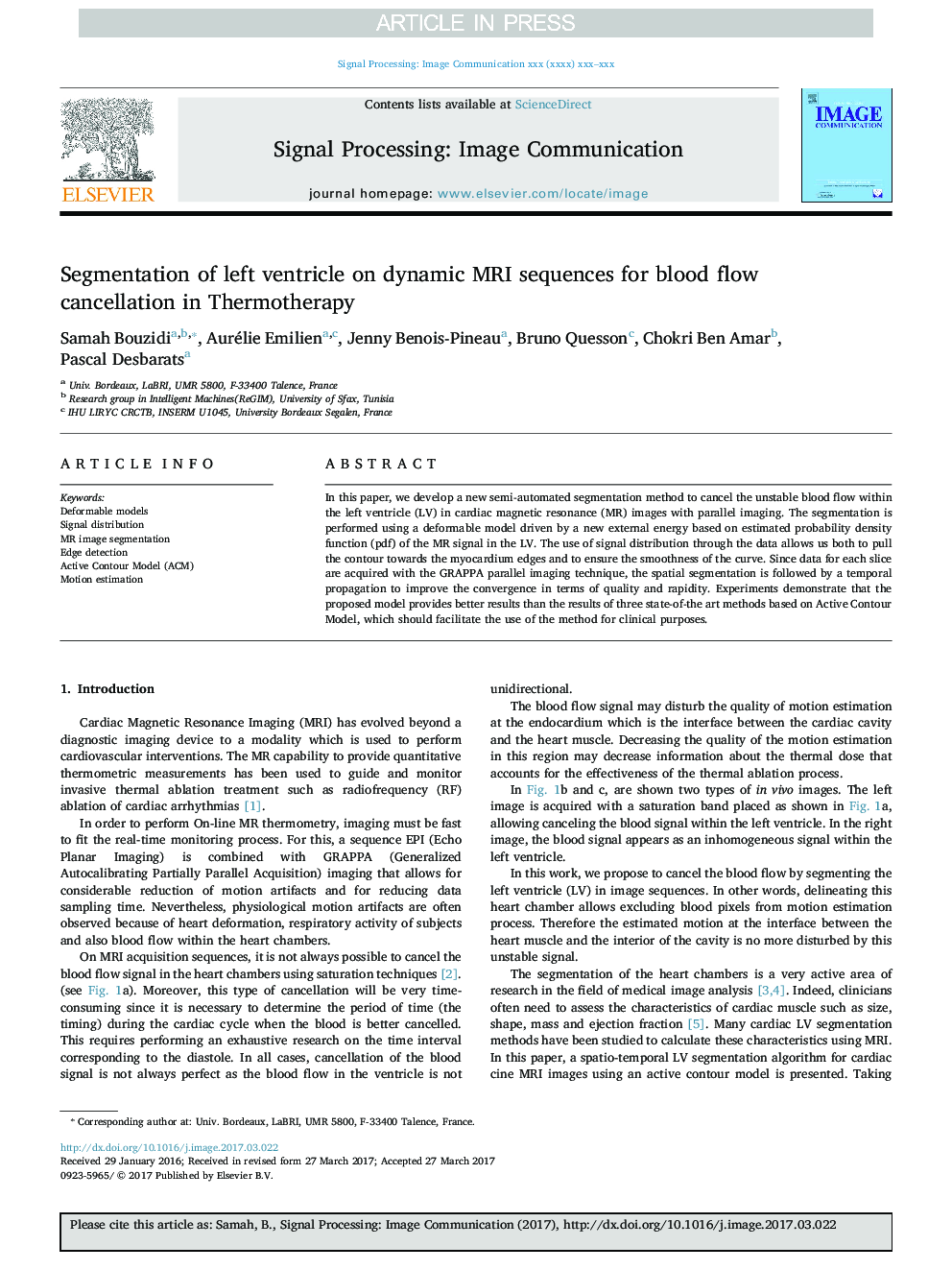 Segmentation of left ventricle on dynamic MRI sequences for blood flow cancellation in Thermotherapy