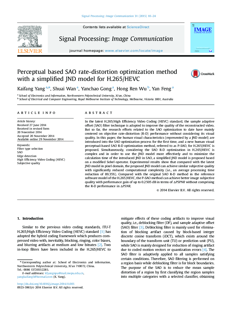 Perceptual based SAO rate-distortion optimization method with a simplified JND model for H.265/HEVC