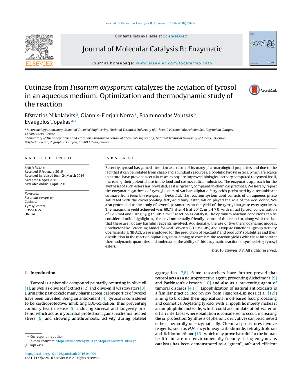 Cutinase from Fusarium oxysporum catalyzes the acylation of tyrosol in an aqueous medium: Optimization and thermodynamic study of the reaction