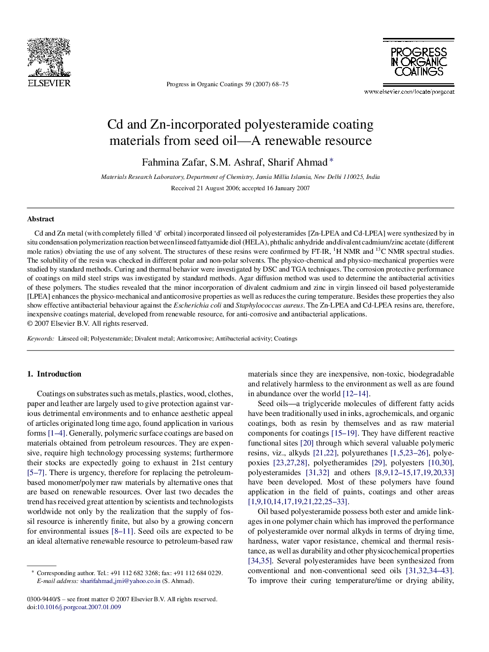 عکس صفحه اول مقاله: Cd and Zn-incorporated polyesteramide coating materials from seed oil—A renewable resource Cd and Zn-incorporated polyesteramide coating materials from seed oil—A renewable resource