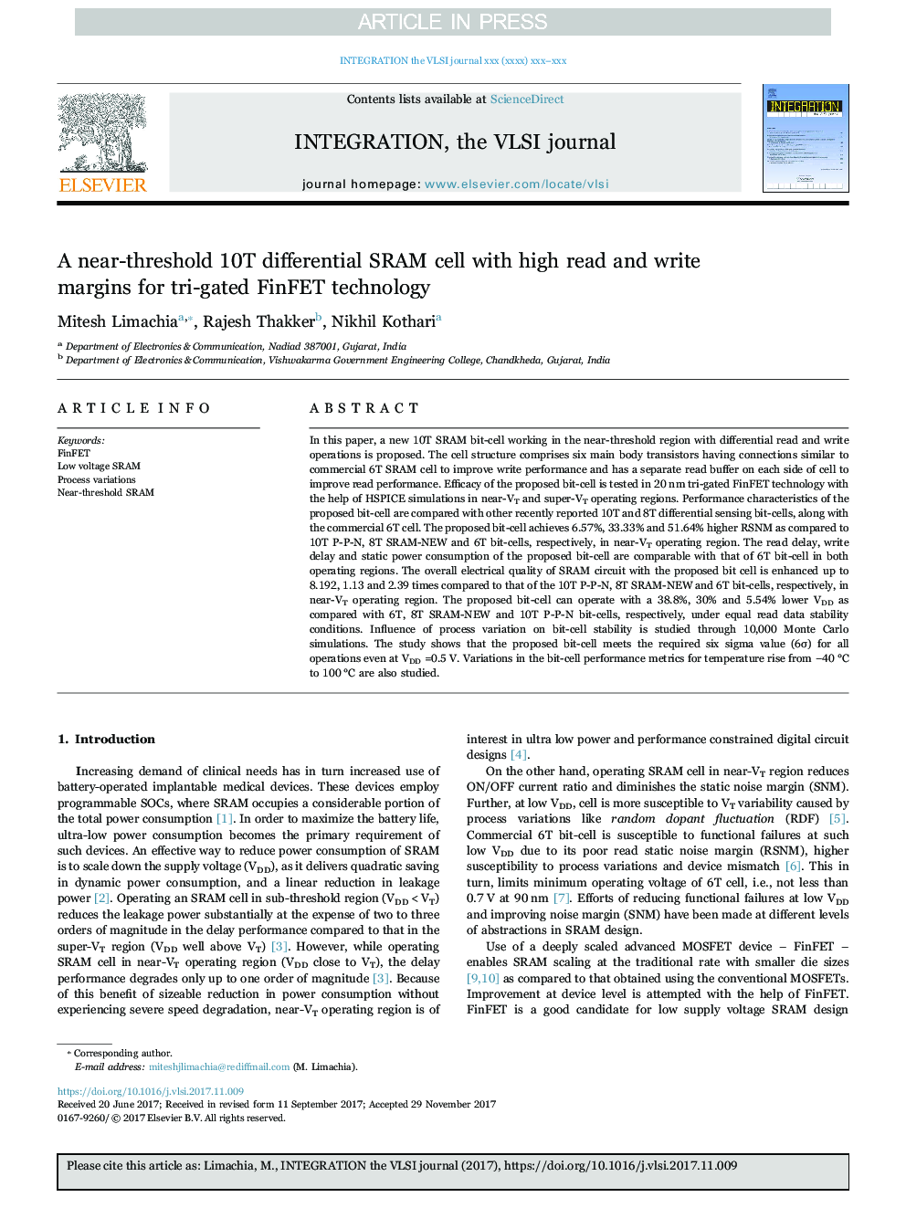 A near-threshold 10T differential SRAM cell with high read and write margins for tri-gated FinFET technology