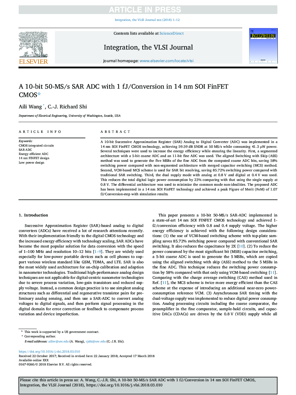 A 10-bit 50-MS/s SAR ADC with 1 fJ/Conversion in 14â¯nm SOI FinFET CMOS