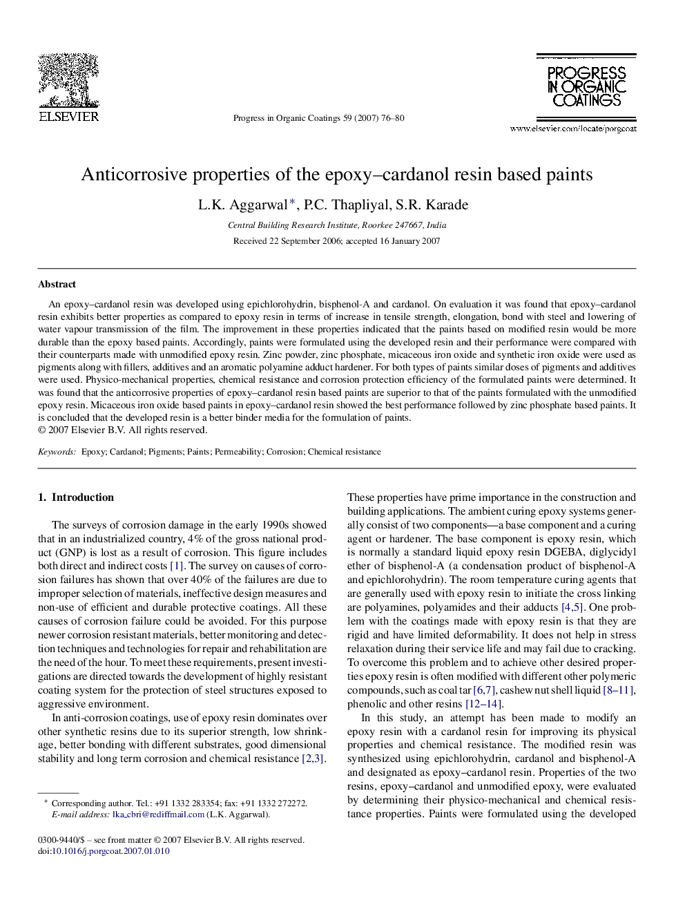 Anticorrosive properties of the epoxy–cardanol resin based paints