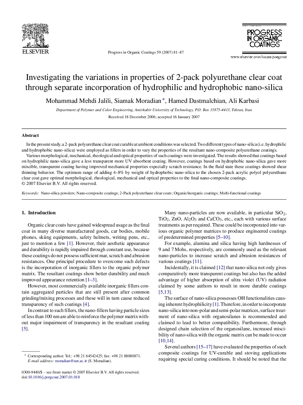 Investigating the variations in properties of 2-pack polyurethane clear coat through separate incorporation of hydrophilic and hydrophobic nano-silica