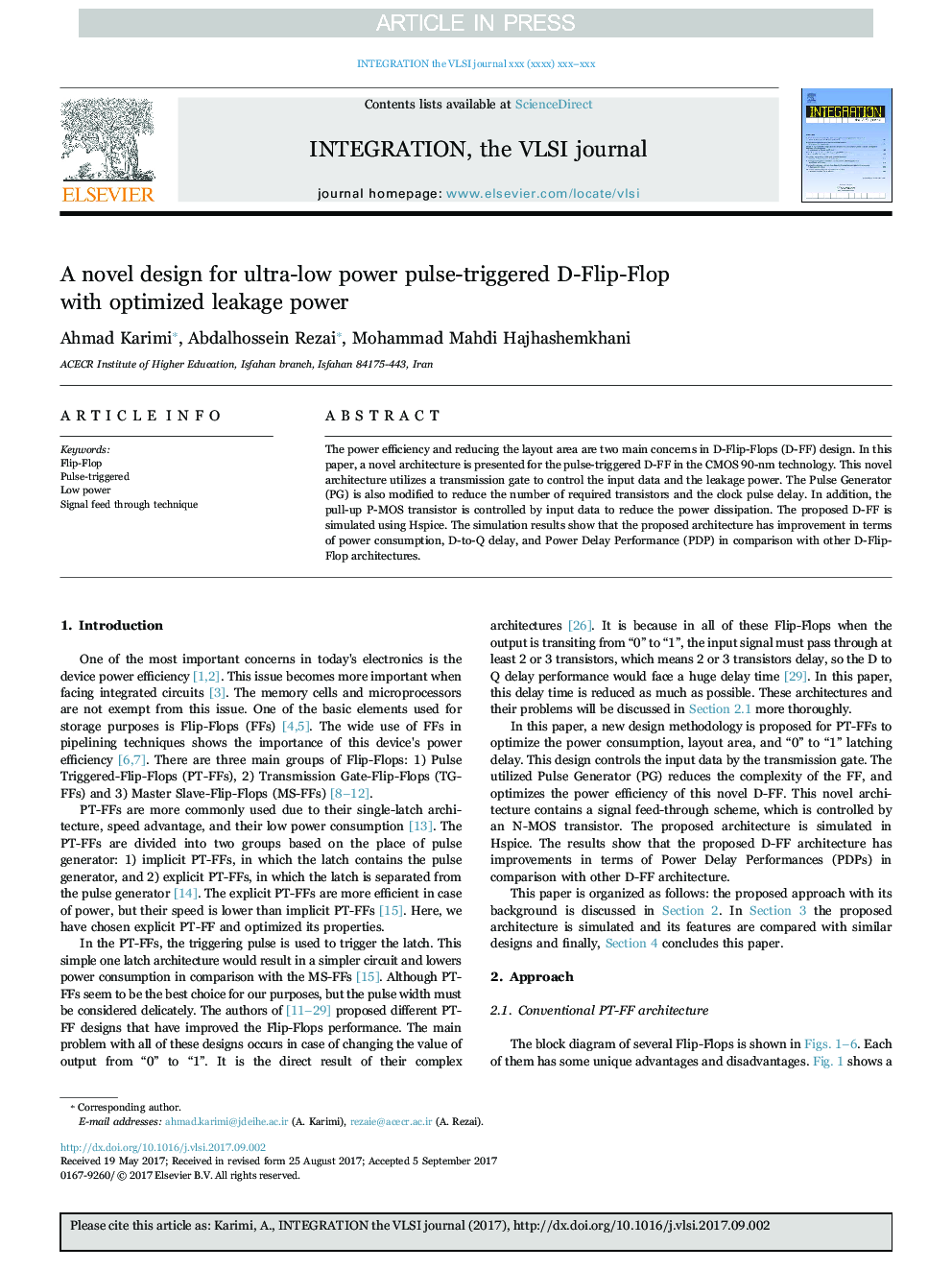 A novel design for ultra-low power pulse-triggered D-Flip-Flop with optimized leakage power