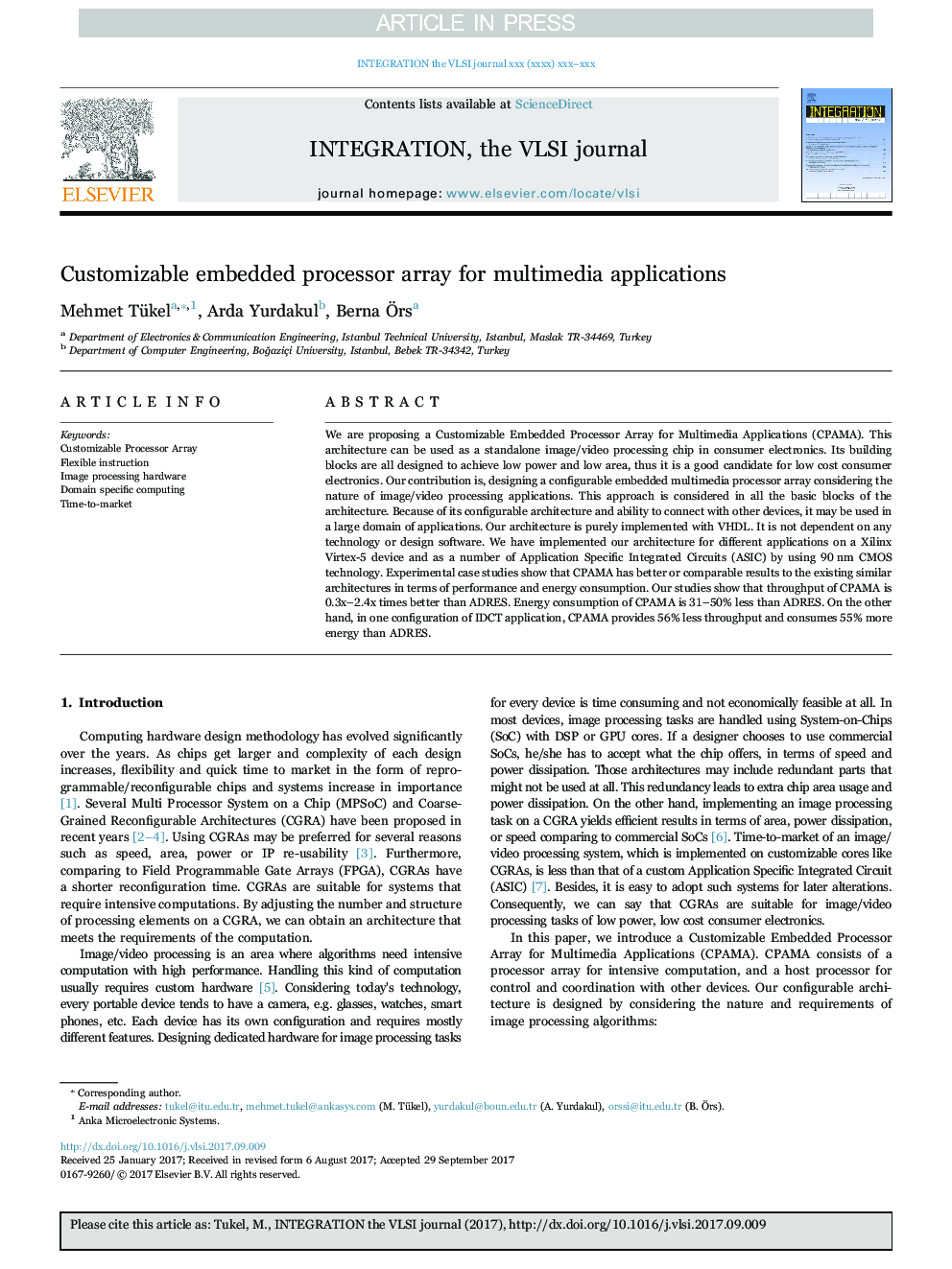 Customizable embedded processor array for multimedia applications