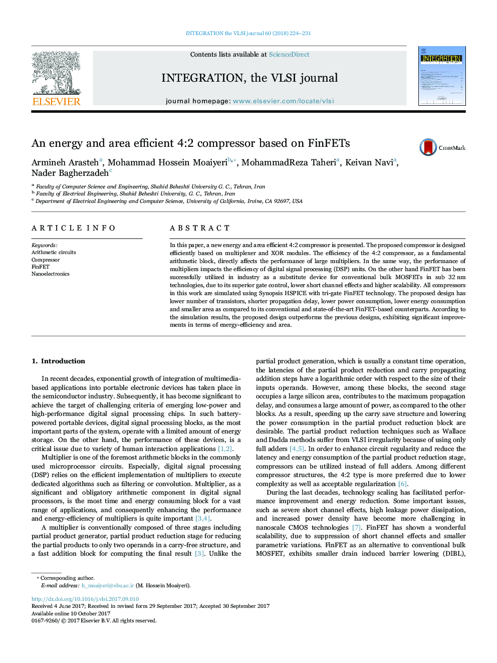 An energy and area efficient 4:2 compressor based on FinFETs