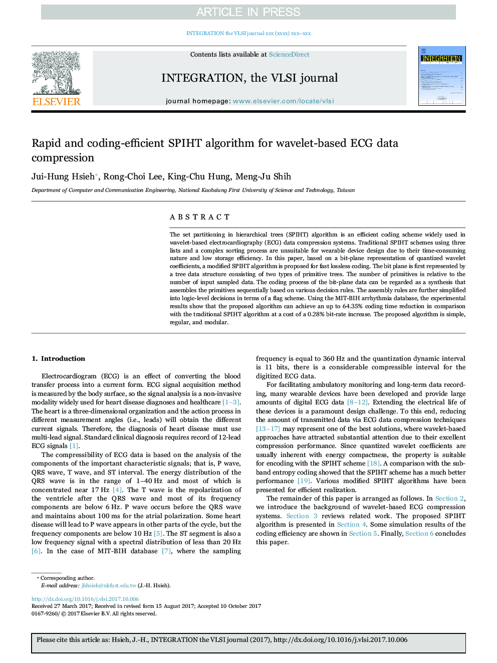 Rapid and coding-efficient SPIHT algorithm for wavelet-based ECG data compression