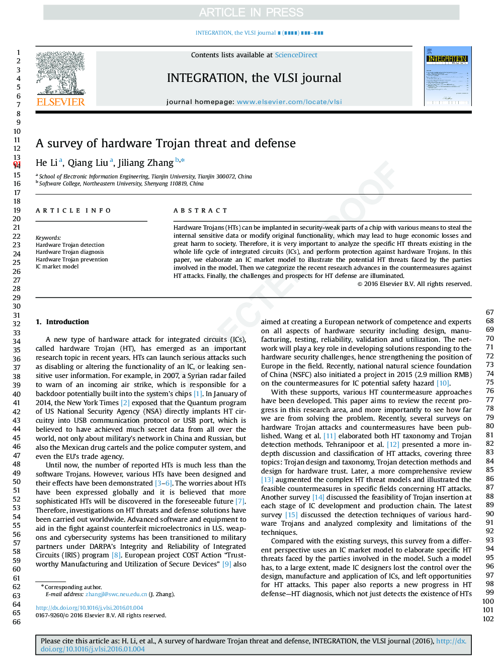 A survey of hardware Trojan threat and defense
