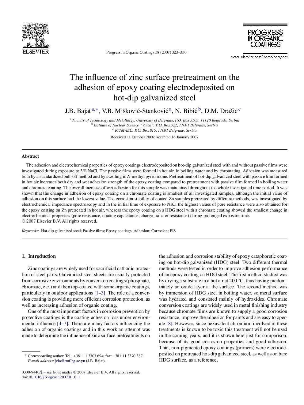 The influence of zinc surface pretreatment on the adhesion of epoxy coating electrodeposited on hot-dip galvanized steel