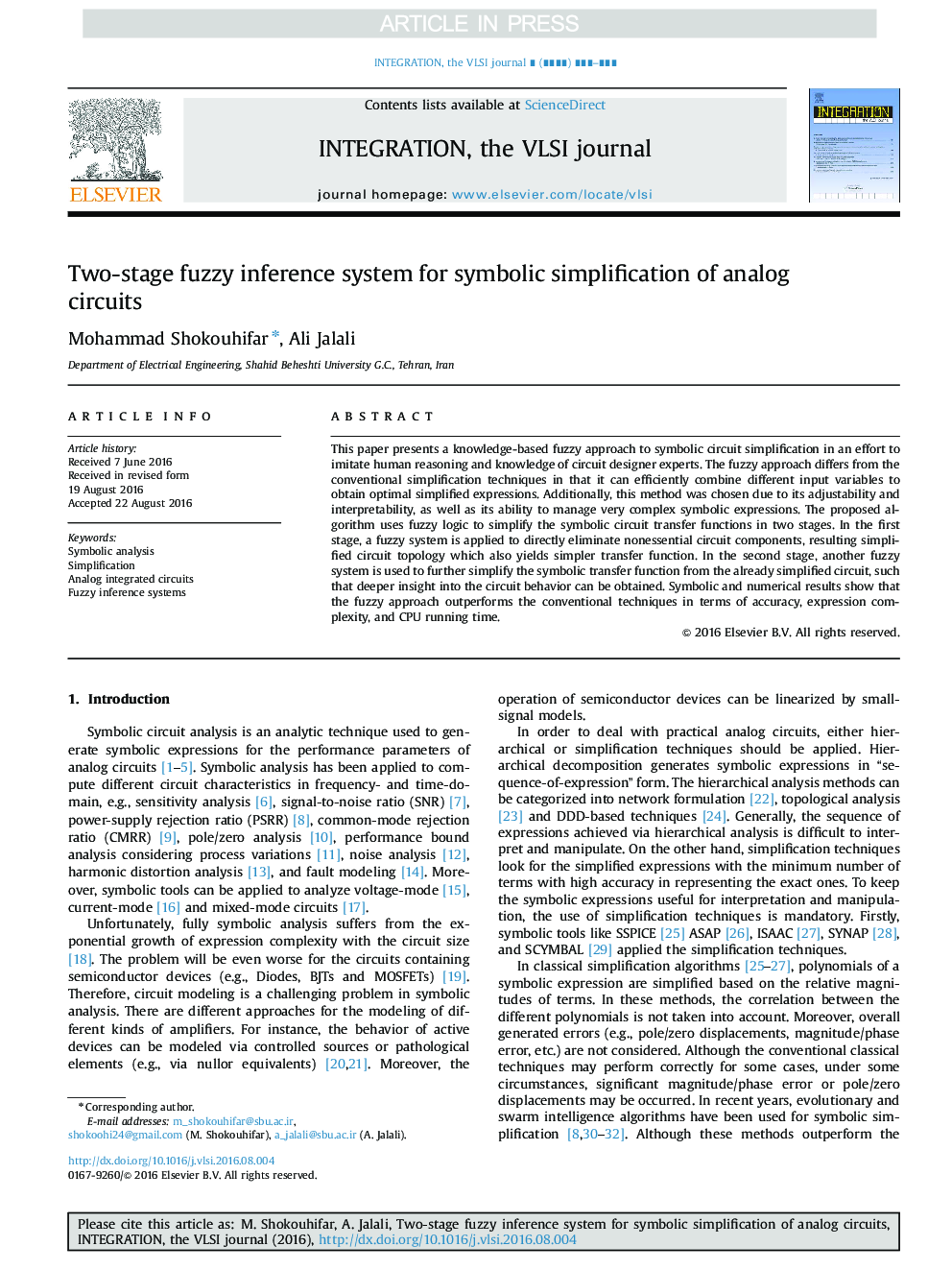 Two-stage fuzzy inference system for symbolic simplification of analog circuits