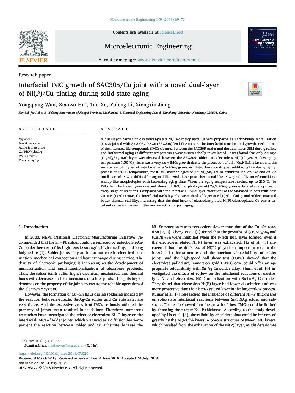 Interfacial IMC growth of SAC305/Cu joint with a novel dual-layer of Ni(P)/Cu plating during solid-state aging