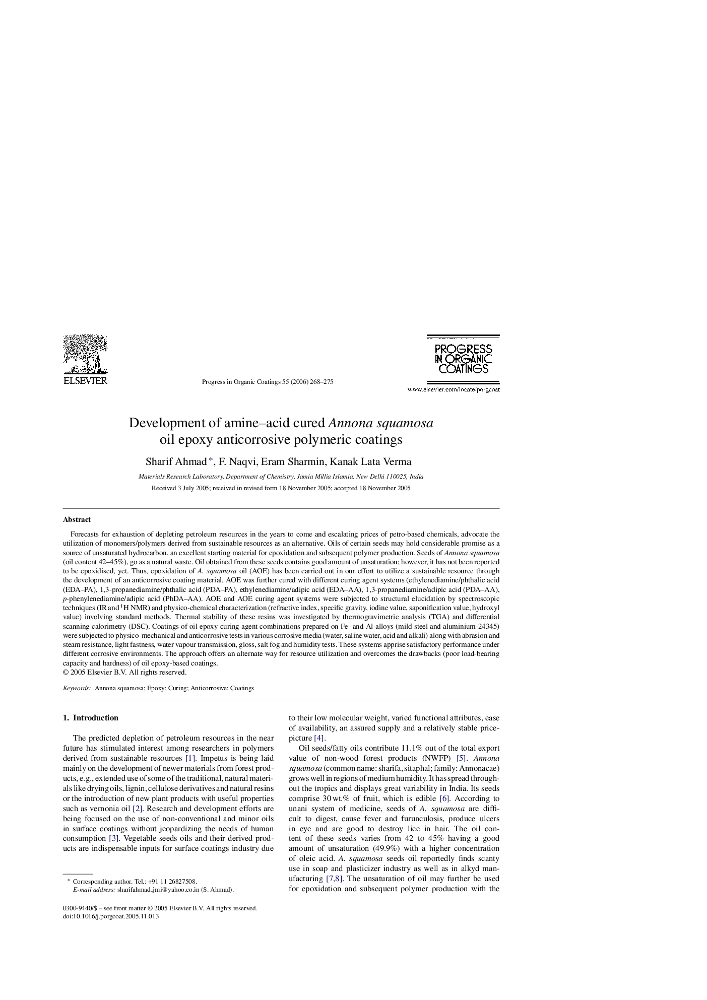 Development of amine–acid cured Annona squamosa oil epoxy anticorrosive polymeric coatings