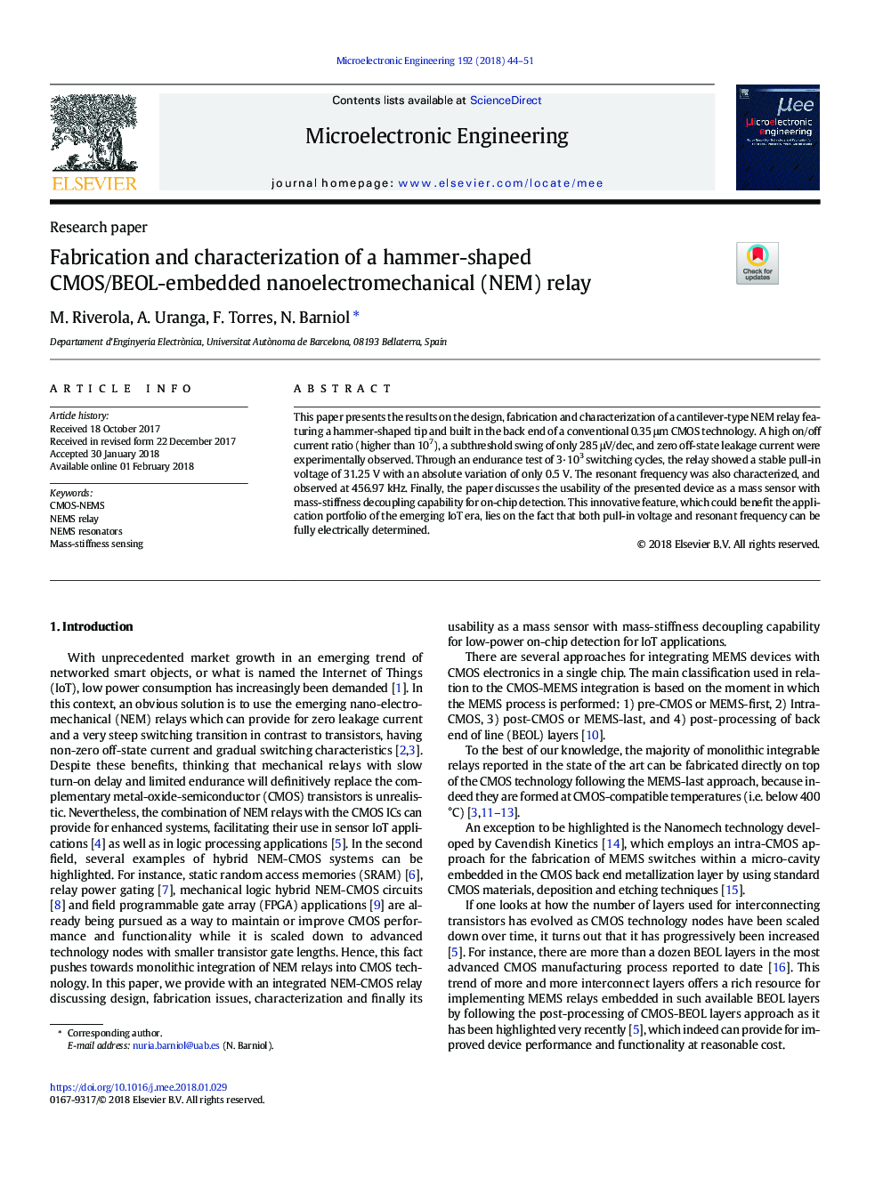 Fabrication and characterization of a hammer-shaped CMOS/BEOL-embedded nanoelectromechanical (NEM) relay