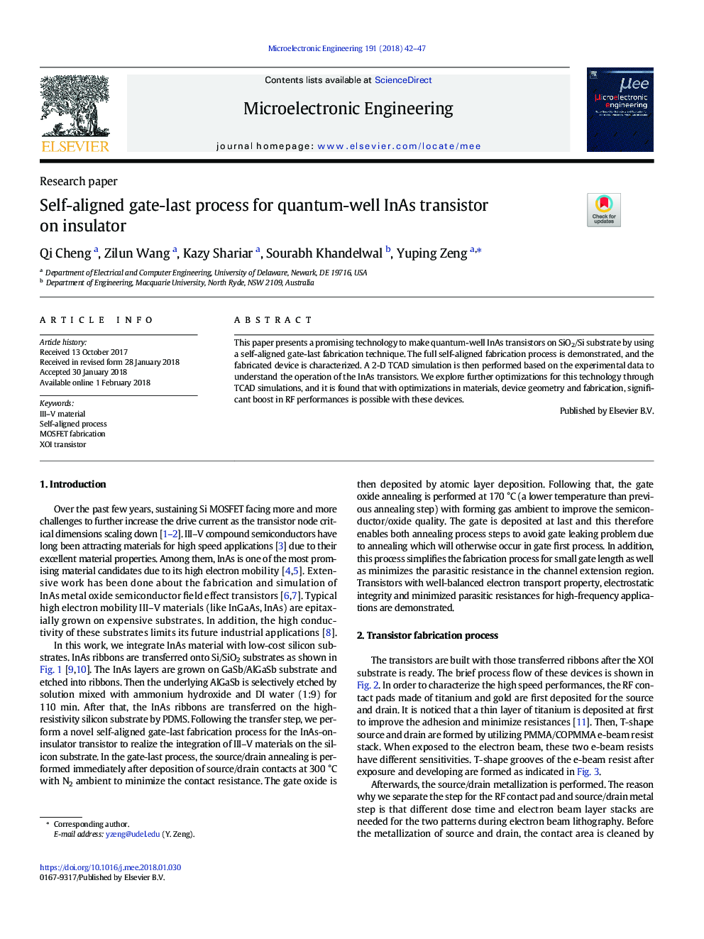 Self-aligned gate-last process for quantum-well InAs transistor on insulator