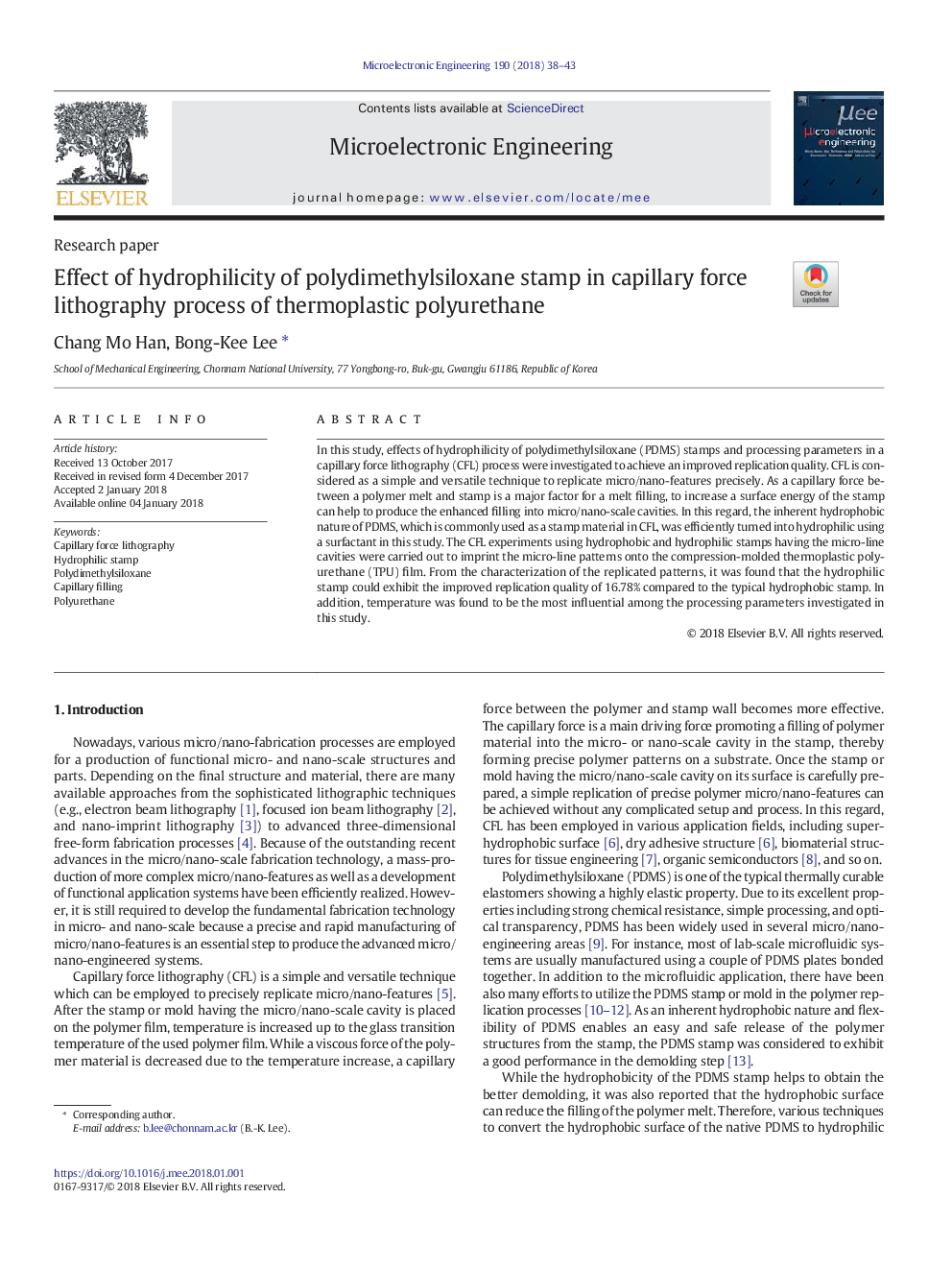 Effect of hydrophilicity of polydimethylsiloxane stamp in capillary force lithography process of thermoplastic polyurethane