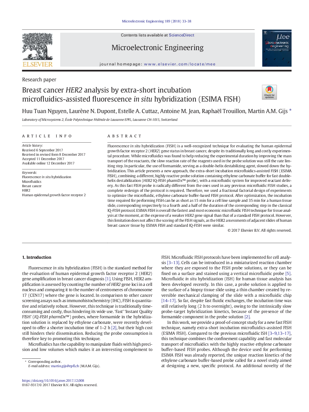 عکس صفحه اول مقاله: Breast cancer HER2 analysis by extra-short incubation microfluidics-assisted fluorescence in situ hybridization (ESIMA FISH) Breast cancer HER2 analysis by extra-short incubation microfluidics-assisted fluorescence in situ hybridization (ESIMA FISH)