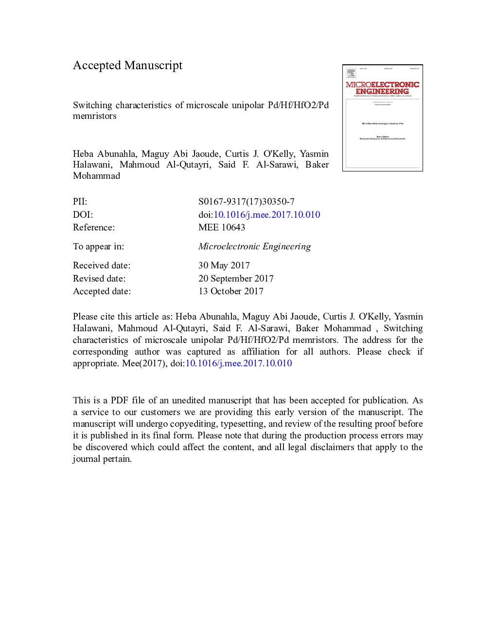 Switching characteristics of microscale unipolar Pd/Hf/HfO2/Pd memristors