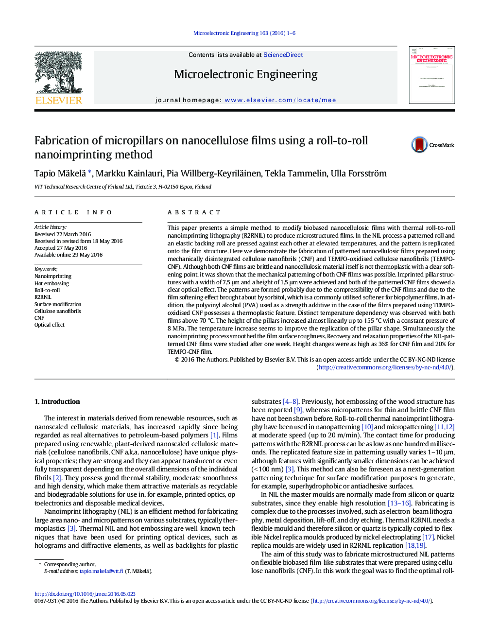 Fabrication of micropillars on nanocellulose films using a roll-to-roll nanoimprinting method