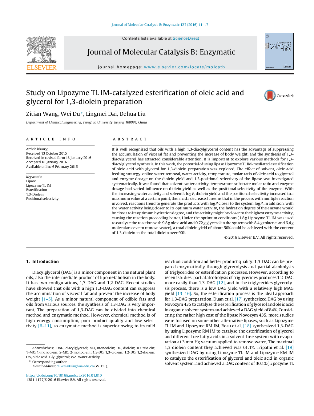 Study on Lipozyme TL IM-catalyzed esterification of oleic acid and glycerol for 1,3-diolein preparation