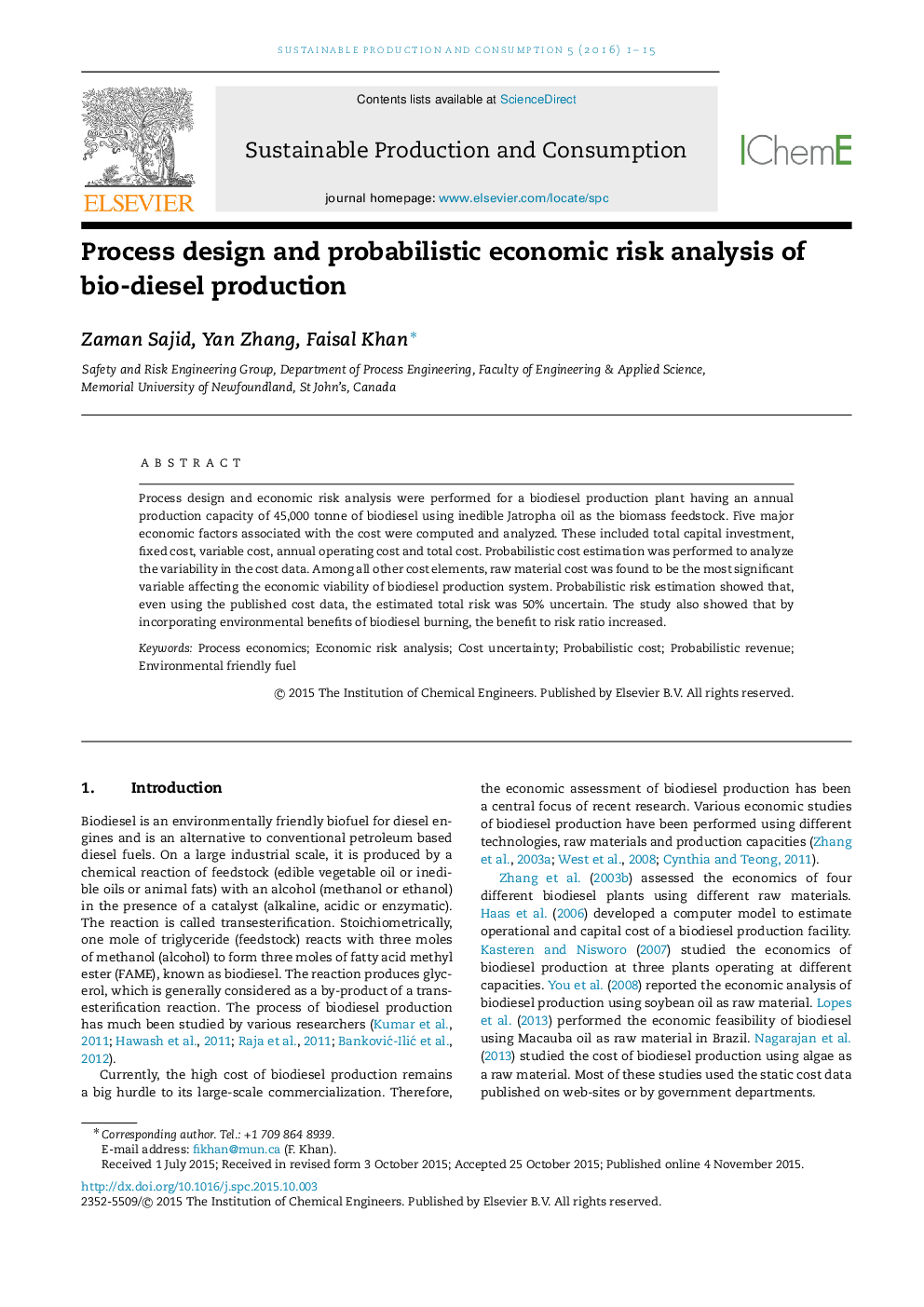 Process design and probabilistic economic risk analysis of bio-diesel production