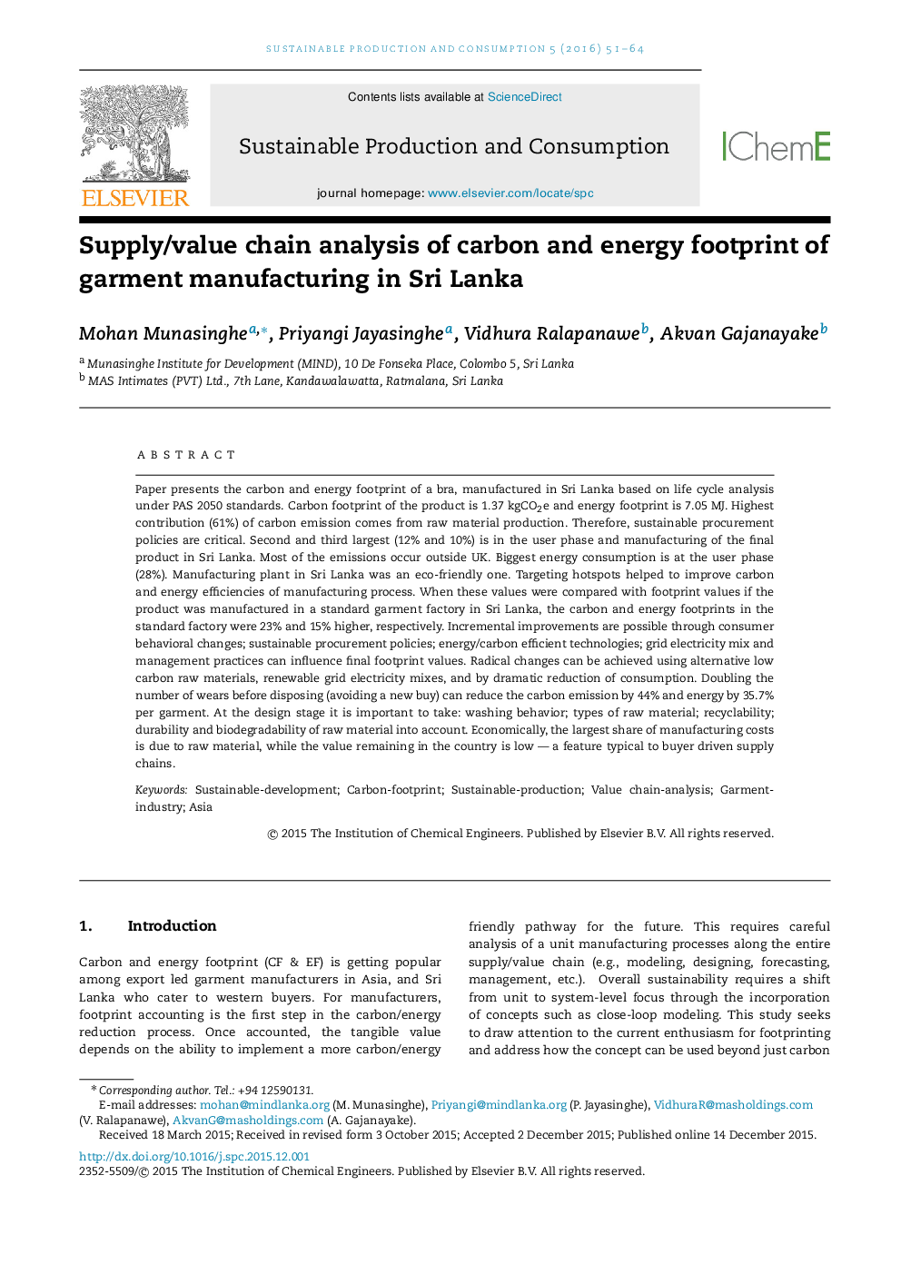 Supply/value chain analysis of carbon and energy footprint of garment manufacturing in Sri Lanka