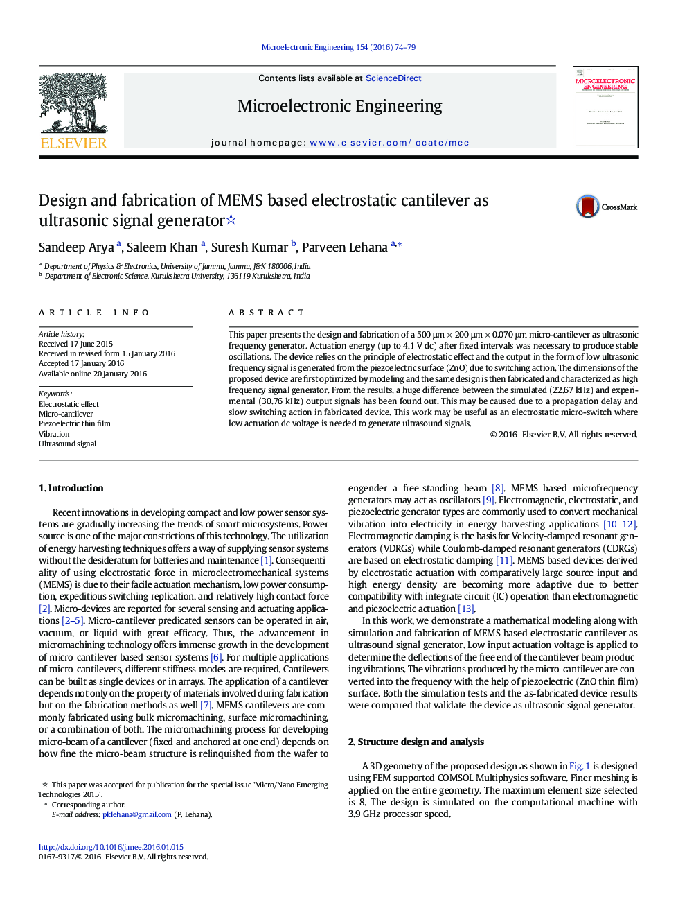 Design and fabrication of MEMS based electrostatic cantilever as ultrasonic signal generator