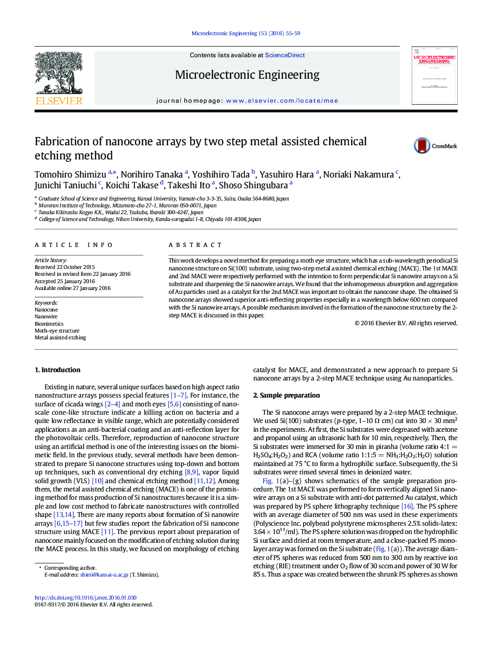 Fabrication of nanocone arrays by two step metal assisted chemical etching method