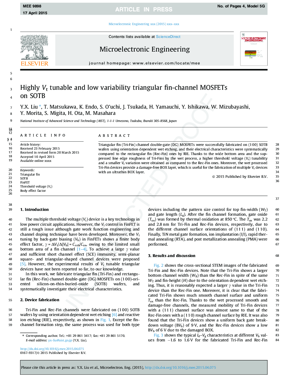 Highly Vt tunable and low variability triangular fin-channel MOSFETs on SOTB