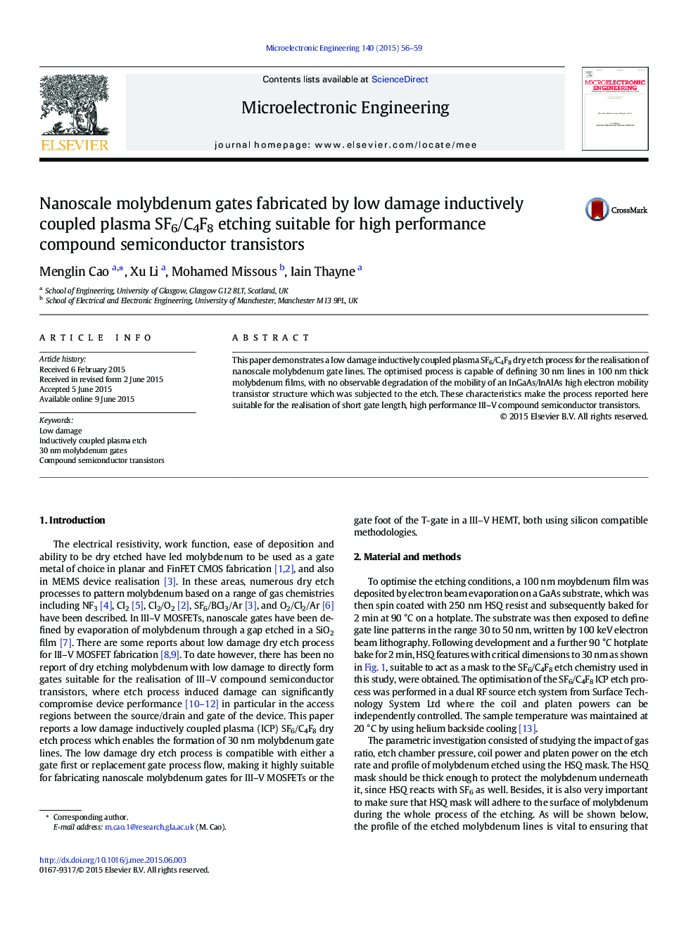 Nanoscale molybdenum gates fabricated by low damage inductively coupled plasma SF6/C4F8 etching suitable for high performance compound semiconductor transistors