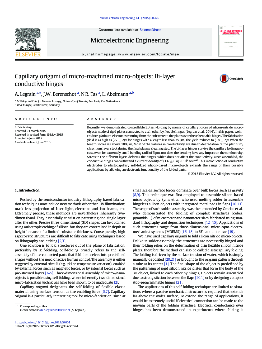 Capillary origami of micro-machined micro-objects: Bi-layer conductive hinges