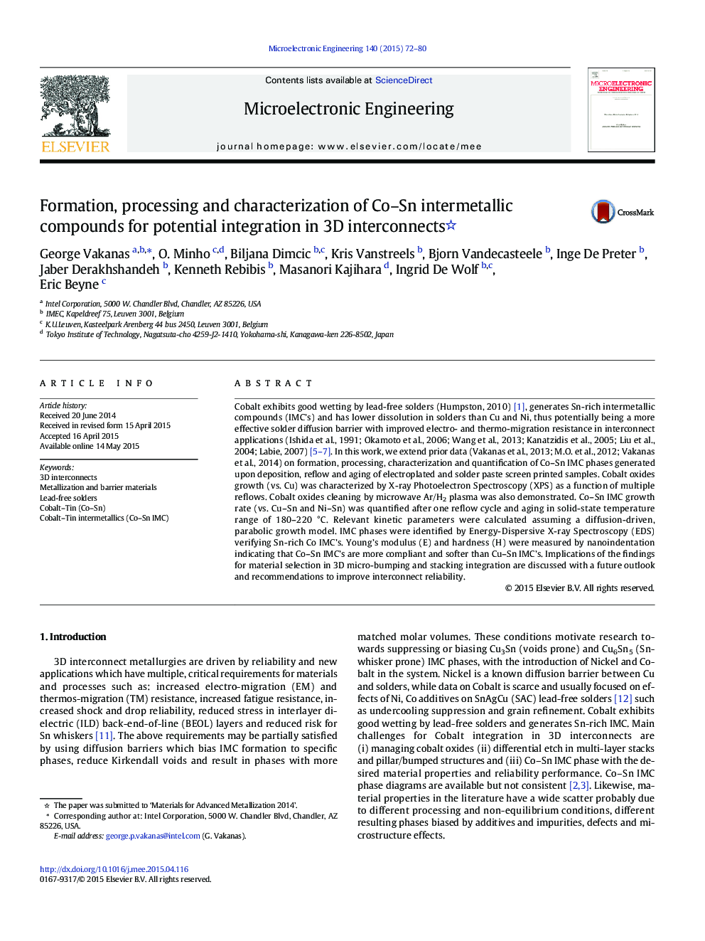 Formation, processing and characterization of Co-Sn intermetallic compounds for potential integration in 3D interconnects