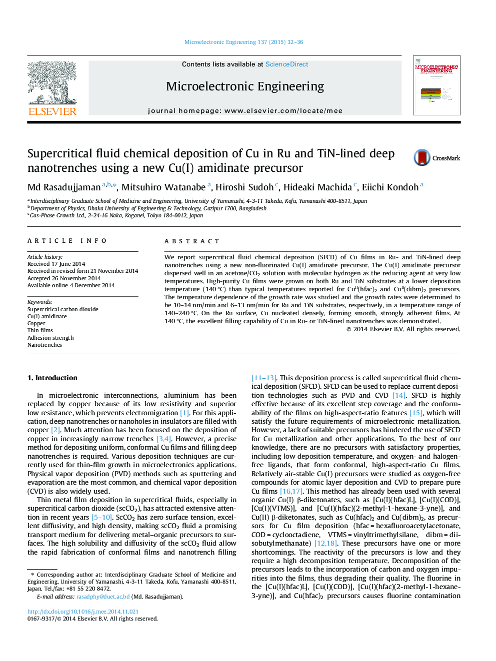 Supercritical fluid chemical deposition of Cu in Ru and TiN-lined deep nanotrenches using a new Cu(I) amidinate precursor