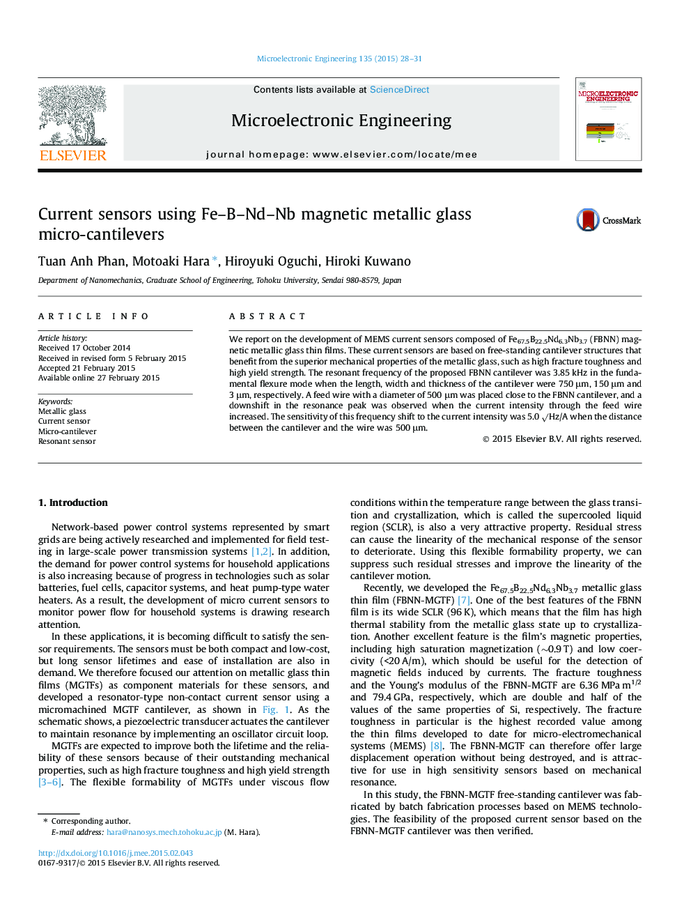 Current sensors using Fe-B-Nd-Nb magnetic metallic glass micro-cantilevers