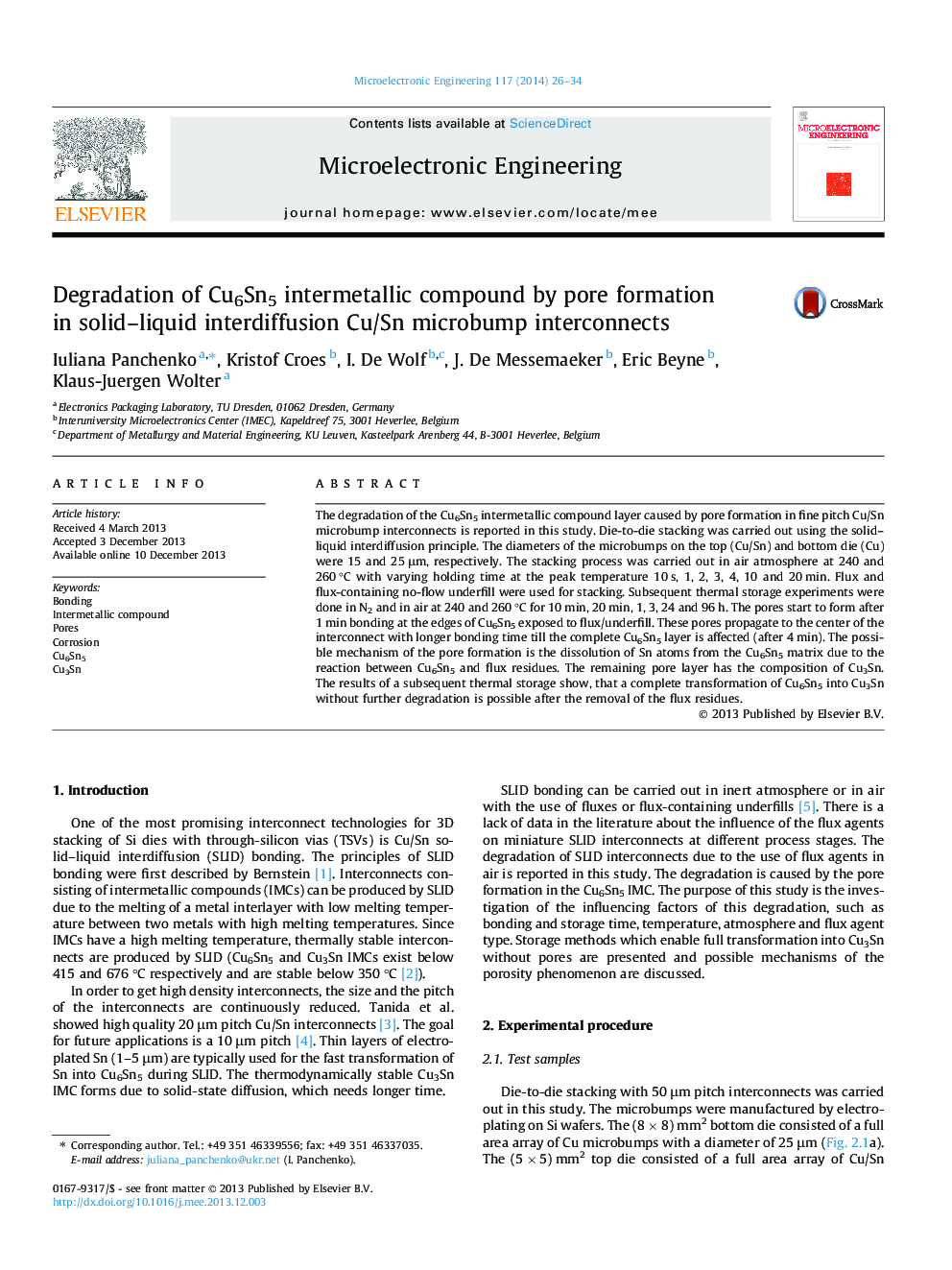 Degradation of Cu6Sn5 intermetallic compound by pore formation in solid-liquid interdiffusion Cu/Sn microbump interconnects