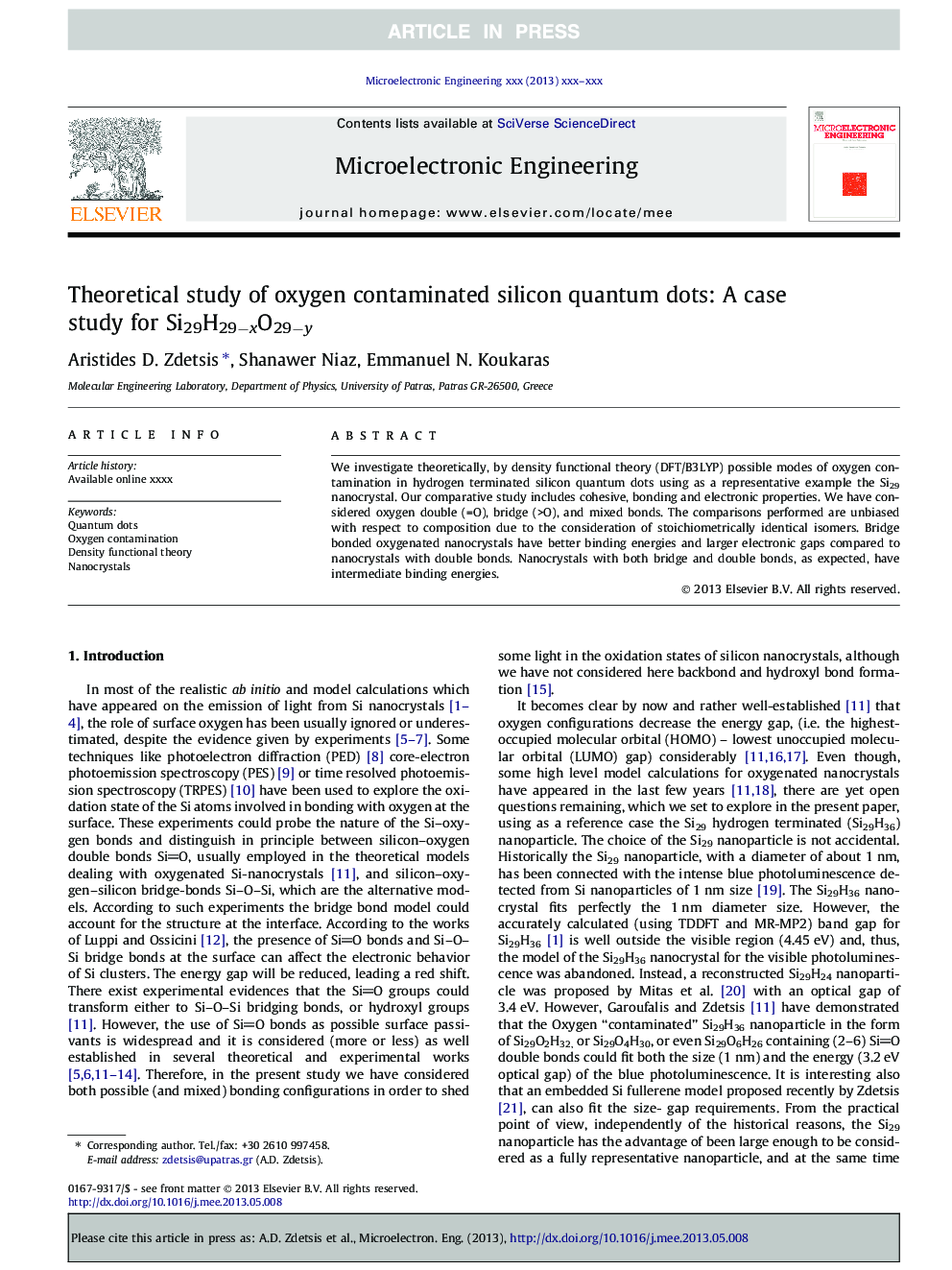 Theoretical study of oxygen contaminated silicon quantum dots: A case study for Si29H29âxO29ây