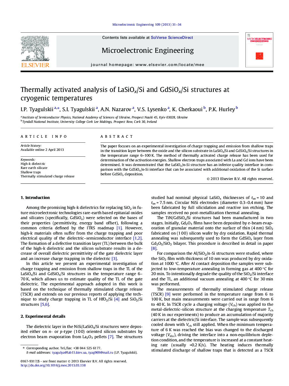 Thermally activated analysis of LaSiOx/Si and GdSiOx/Si structures at cryogenic temperatures