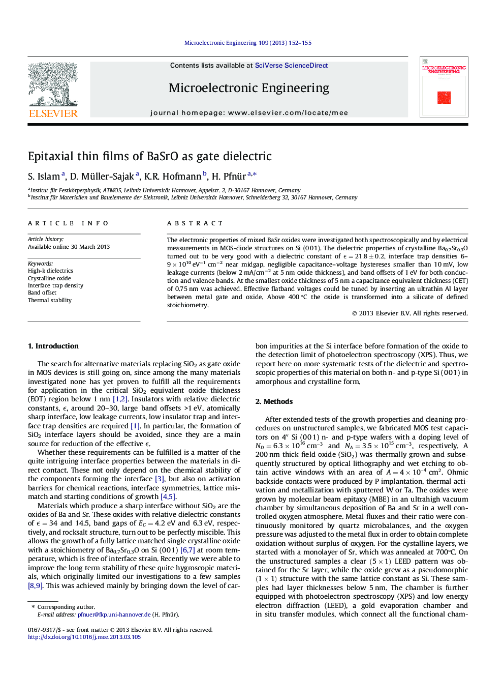 Epitaxial thin films of BaSrO as gate dielectric