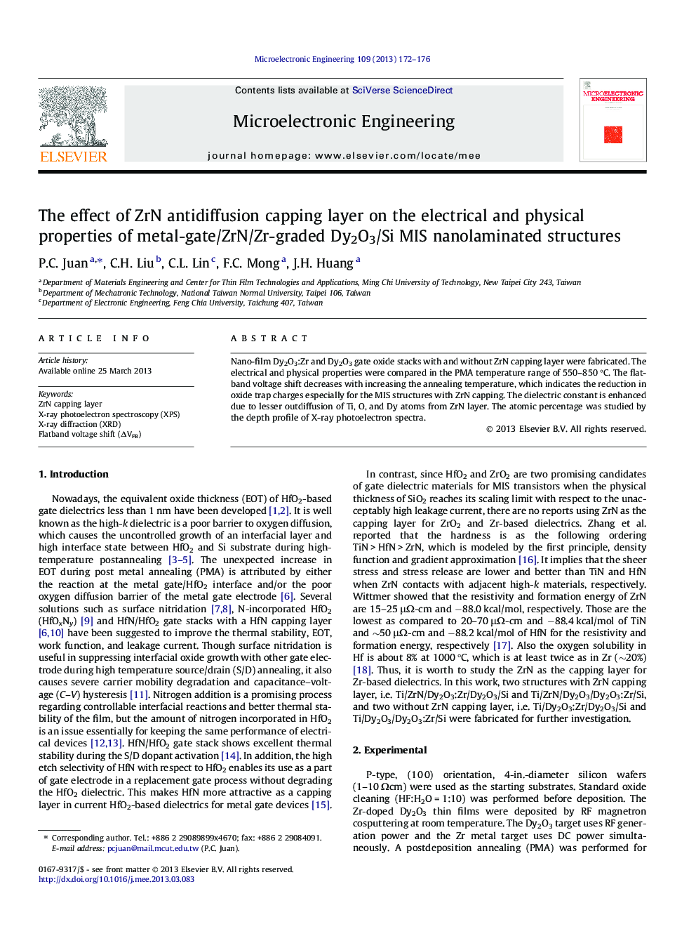 The effect of ZrN antidiffusion capping layer on the electrical and physical properties of metal-gate/ZrN/Zr-graded Dy2O3/Si MIS nanolaminated structures