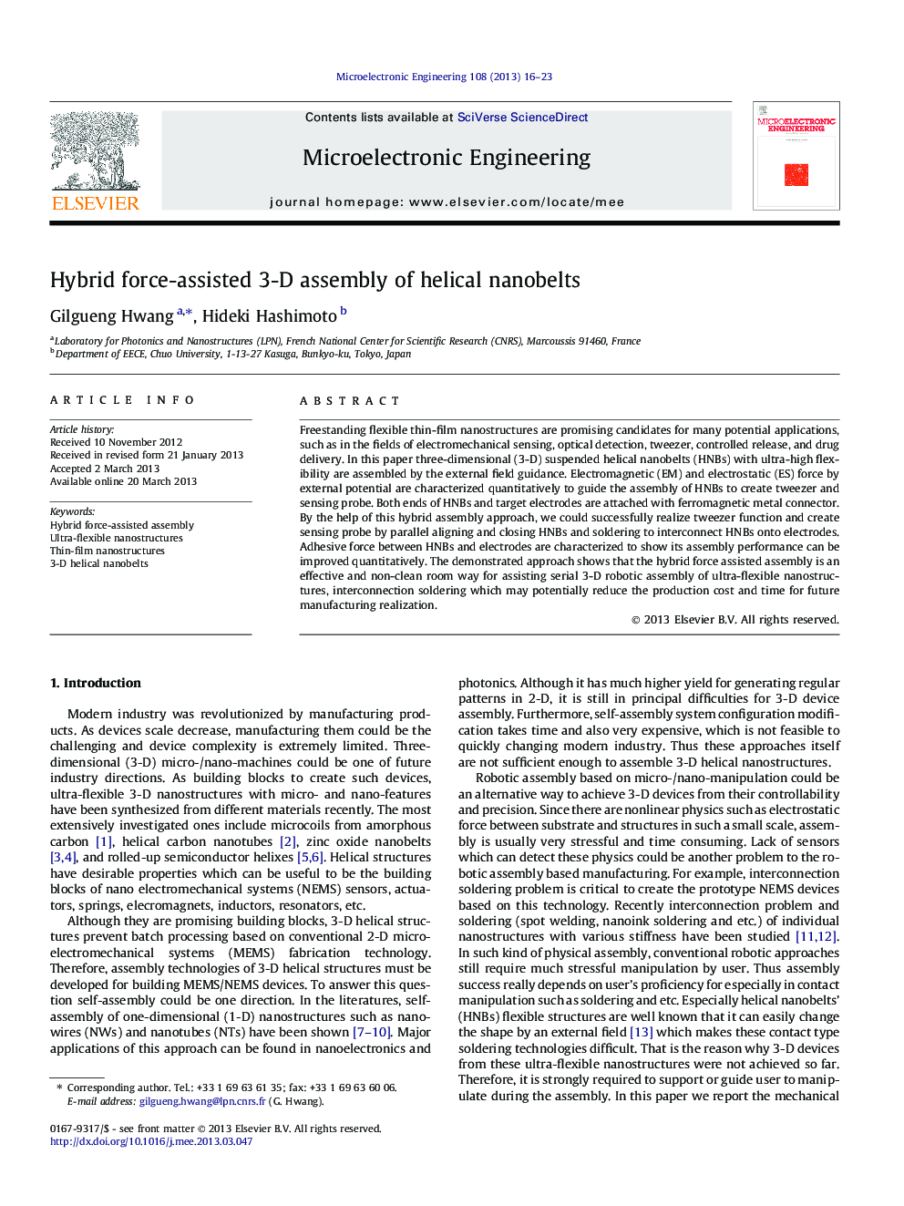 Hybrid force-assisted 3-D assembly of helical nanobelts